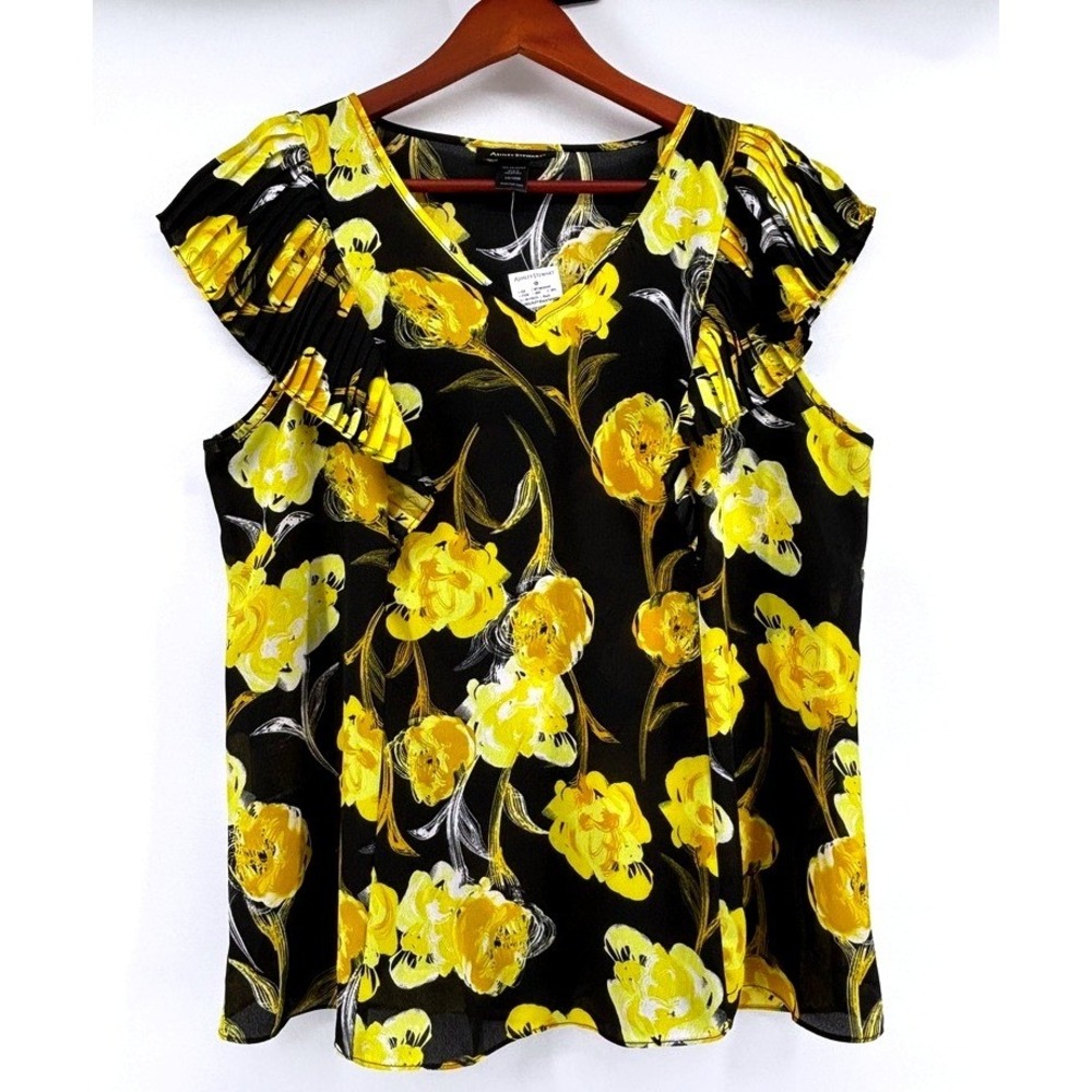 NEW Ashley Stewart 14/16W Floral Blouse Yellow Black Ruffle Sleeve V Neck Top